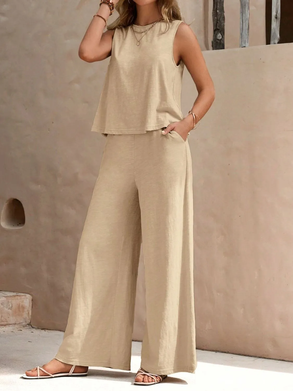 Round Neck Sleeveless Top and Wide Leg Pants Set sold by Charming Charlie