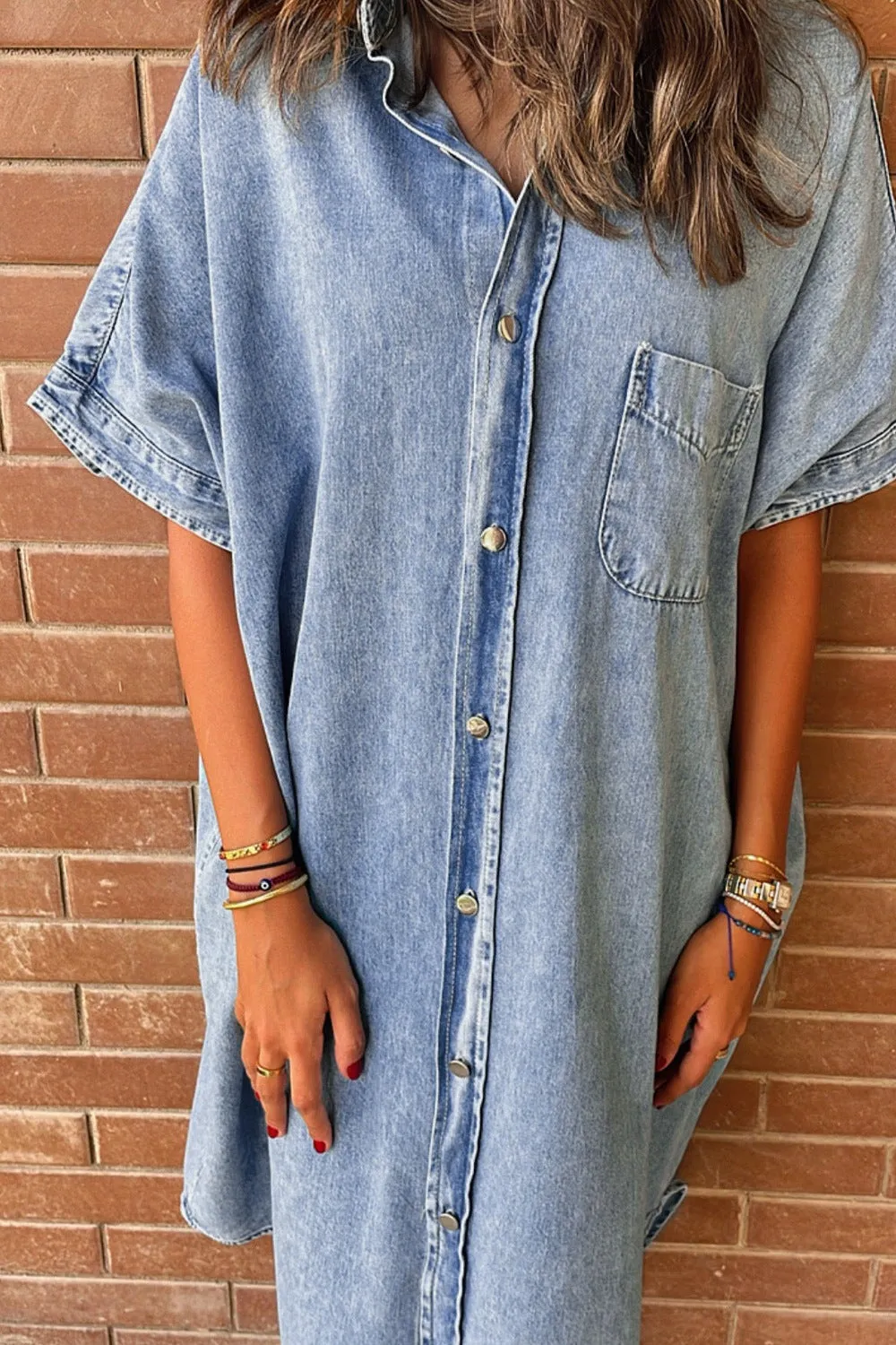 Pocketed Button Up Half Sleeve Denim Dress sold by Charming Charlie product image thumbnail 3