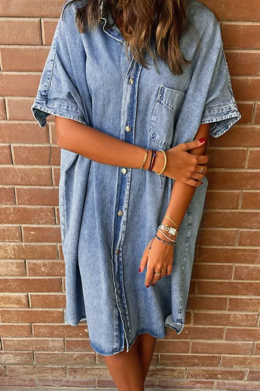 Pocketed Button Up Half Sleeve Denim Dress sold by Charming Charlie