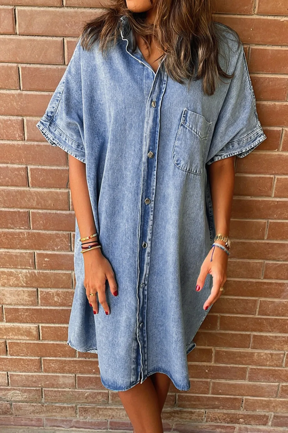 Pocketed Button Up Half Sleeve Denim Dress sold by Charming Charlie product image thumbnail 2