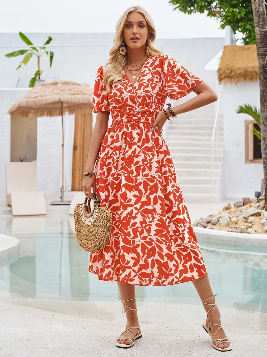 Printed Surplice Short Sleeve Midi Dress sold by Charming Charlie product image thumbnail 4