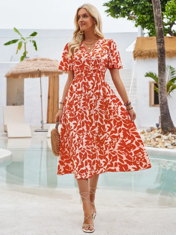 Printed Surplice Short Sleeve Midi Dress sold by Charming Charlie