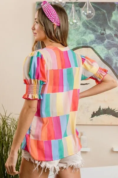 BiBi Color Block Smocked Short Sleeve Blouse sold by Charming Charlie product image thumbnail 2