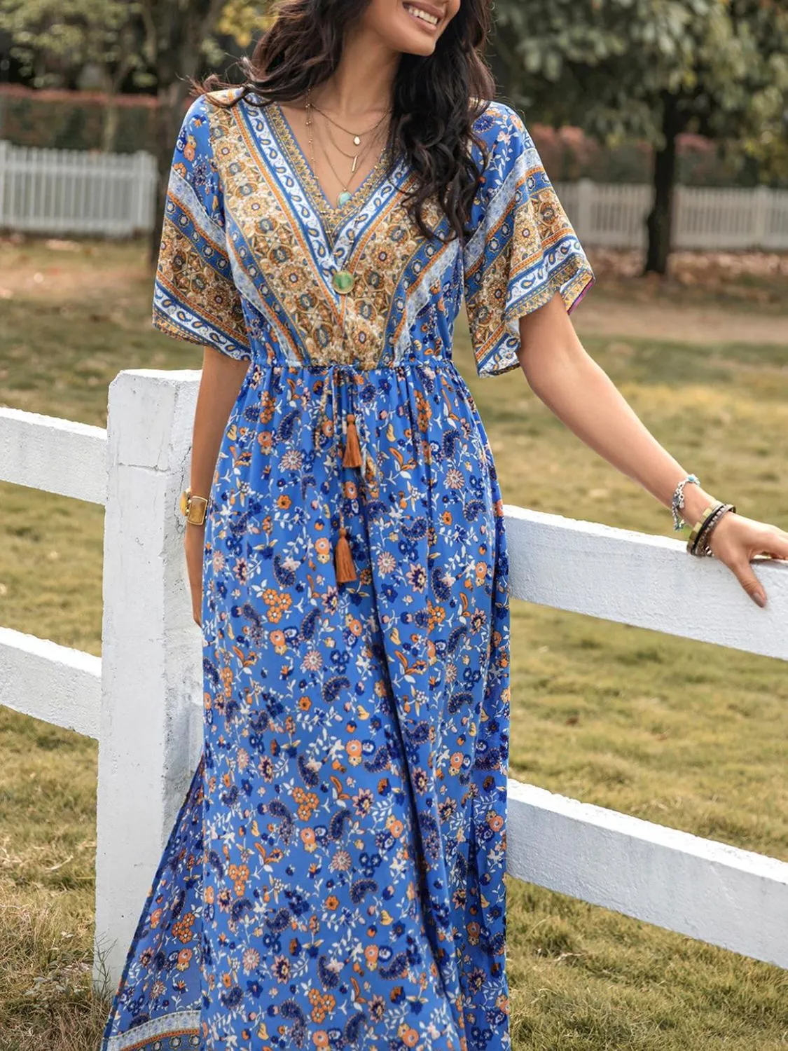 Slit Printed V-Neck Half Sleeve Maxi Dress sold by Charming Charlie