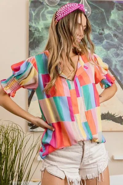 BiBi Color Block Smocked Short Sleeve Blouse sold by Charming Charlie product image thumbnail 3