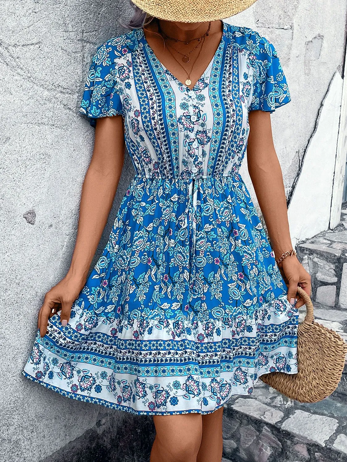 Printed V-Neck Flutter Sleeve Mini Dress sold by Charming Charlie product image thumbnail 3