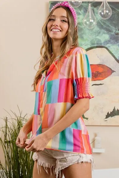 BiBi Color Block Smocked Short Sleeve Blouse sold by Charming Charlie product image thumbnail 4