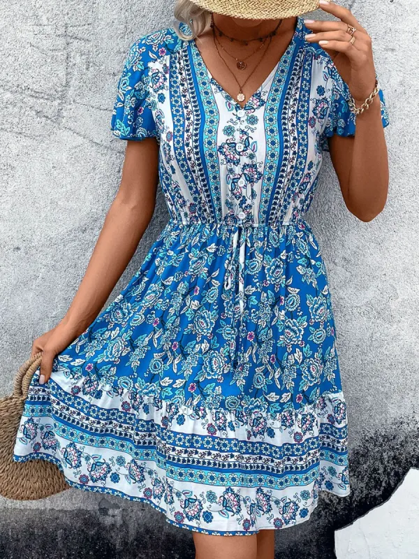 Printed V-Neck Flutter Sleeve Mini Dress sold by Charming Charlie