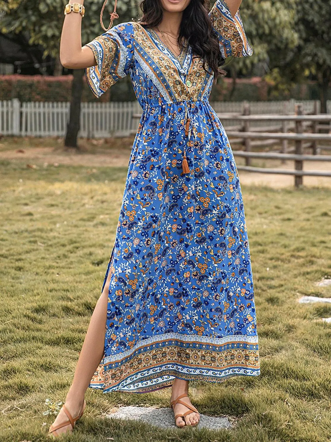 Slit Printed V-Neck Half Sleeve Maxi Dress sold by Charming Charlie product image thumbnail 3