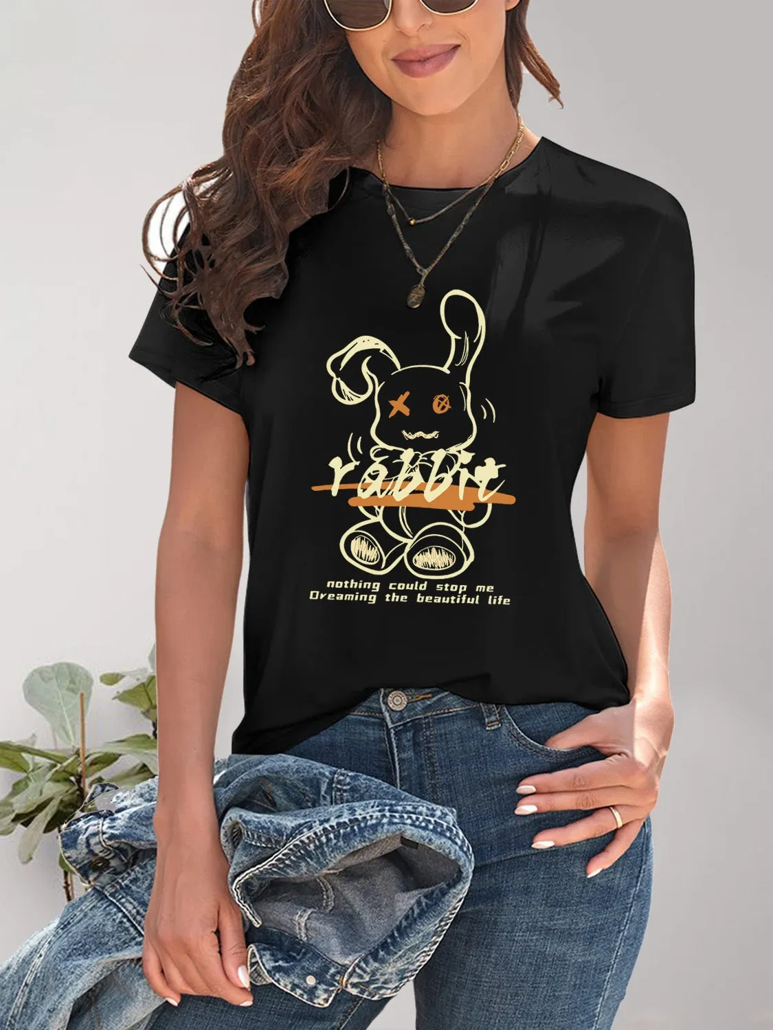 Rabbit Graphic Round Neck Short Sleeve T-Shirt sold by Charming Charlie
