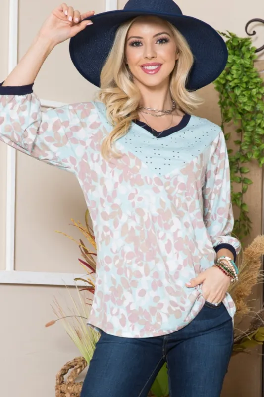 Celeste Full Size Leaf Print Contrast Trim Balloon Sleeve Top sold by Charming Charlie