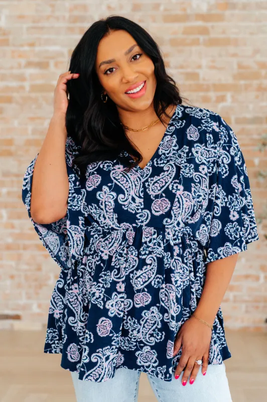 Dreamer Peplum Top in Navy and Pink Paisley sold by Charming Charlie
