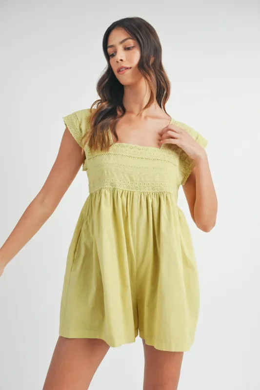 MABLE Square Neck Lace Trim Romper sold by Charming Charlie
