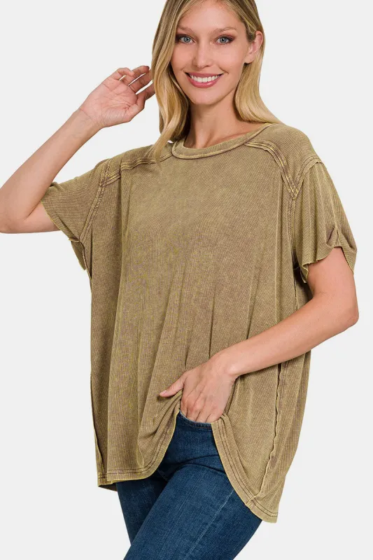 Zenana Washed Ribbed Short Sleeve Top sold by Charming Charlie