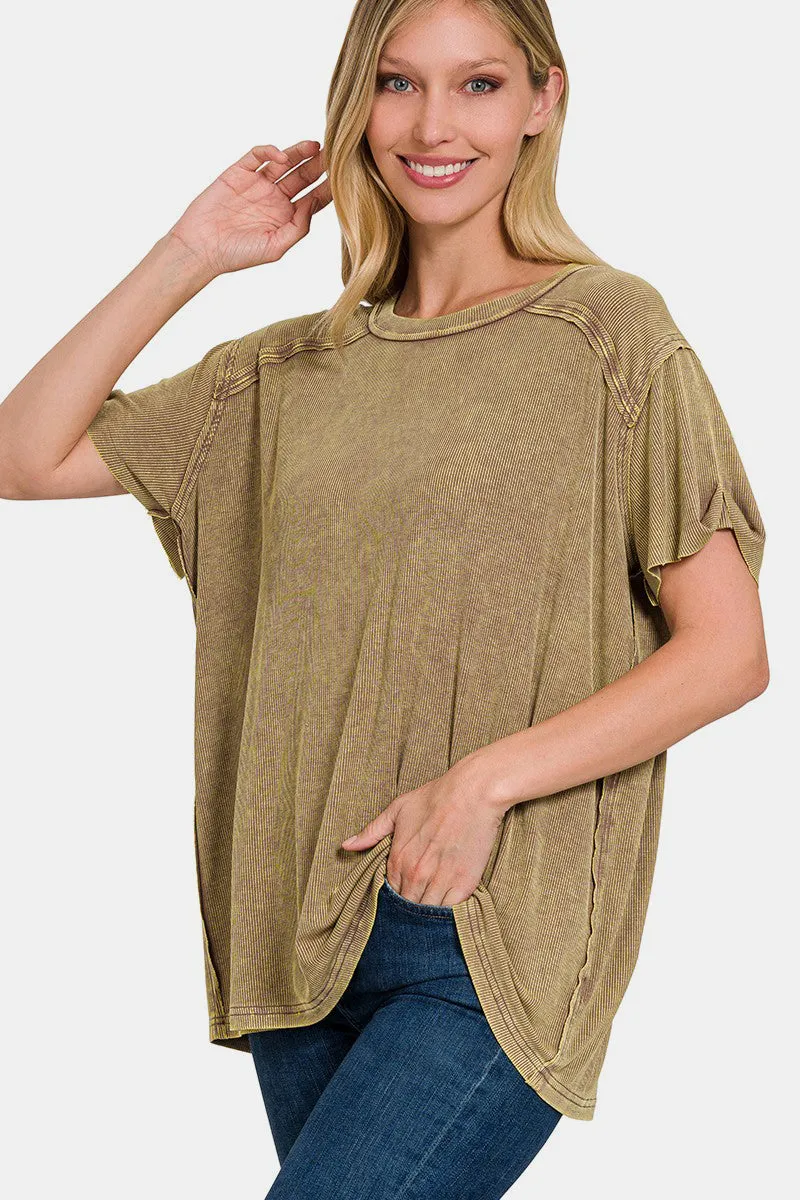 Zenana Washed Ribbed Short Sleeve Top sold by Charming Charlie
