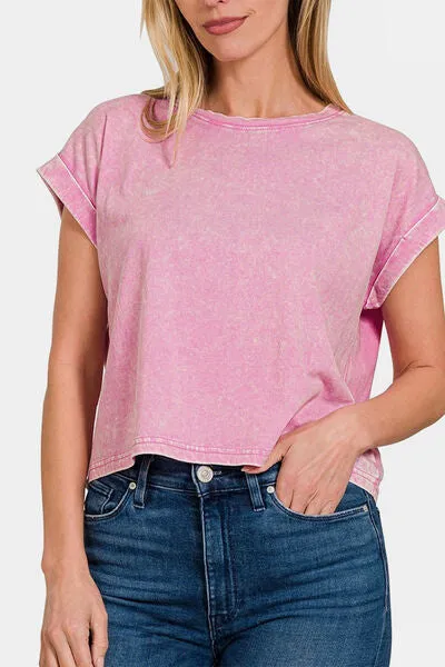 Zenana Washed Round Neck Rolled Short Sleeve Top sold by Charming Charlie