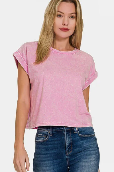 Zenana Washed Round Neck Rolled Short Sleeve Top sold by Charming Charlie product image thumbnail 2