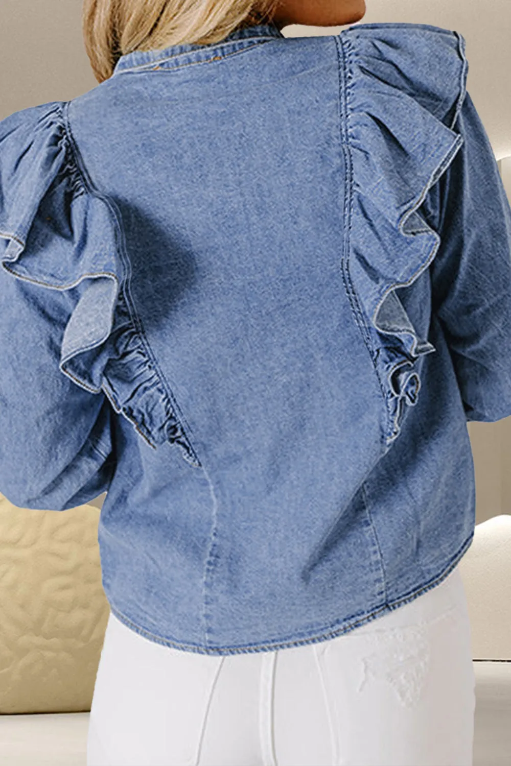 Ruffled Round Neck Long Sleeve Denim Top sold by Charming Charlie product image thumbnail 3