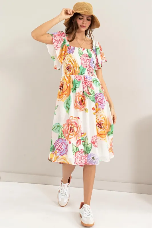 HYFVE Floral Flutter Sleeve Smocked Dress sold by Charming Charlie