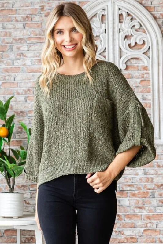 Veveret Round Neck Roll-Up Sweater sold by Charming Charlie