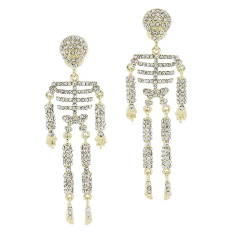 Clear Crystal Embellished Dangly Skeleton Earrings, 3" Top to Bottom sold by Charming Charlie
