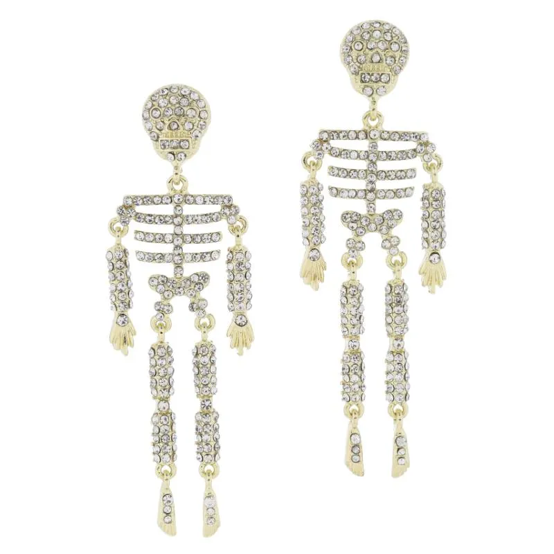 Clear Crystal Embellished Dangly Skeleton Earrings, 3" Top to Bottom sold by Charming Charlie