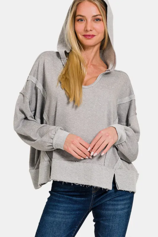 Zenana Contrast Trim Slit Hoodie sold by Charming Charlie