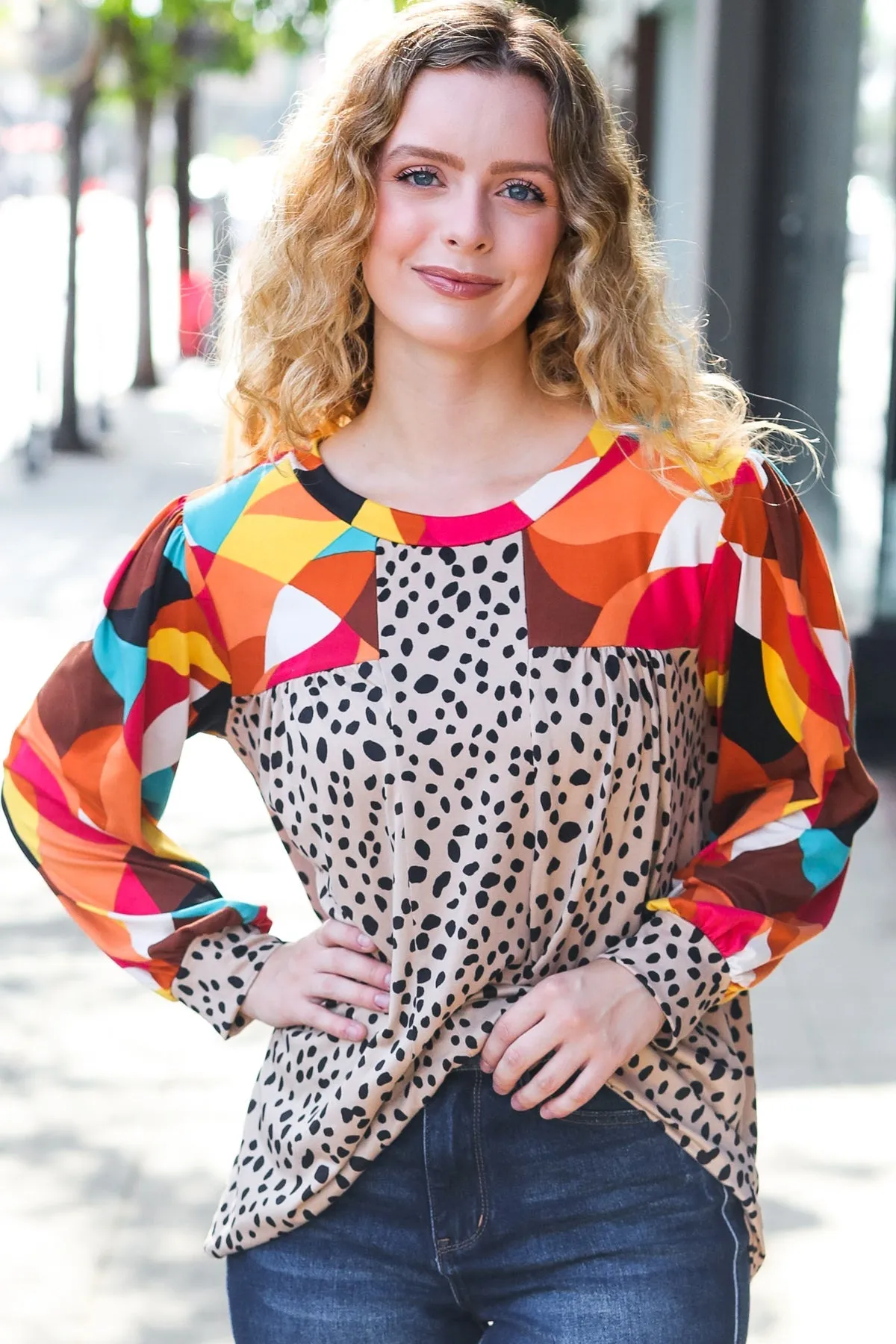 Rust & Khaki Geometric Animal Print Color Block Bubble Sleeve Top sold by Charming Charlie product image thumbnail 2