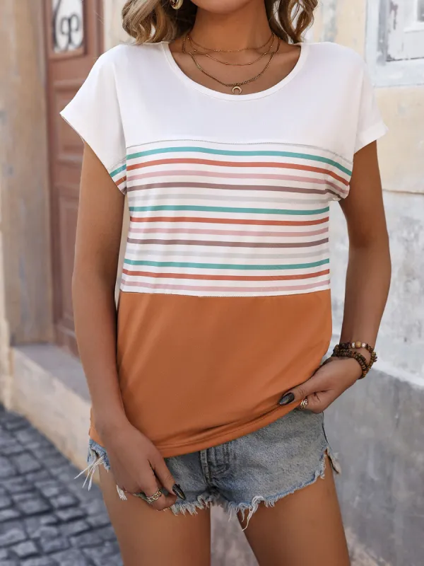 Striped Round Neck Short Sleeve T-Shirt sold by Charming Charlie