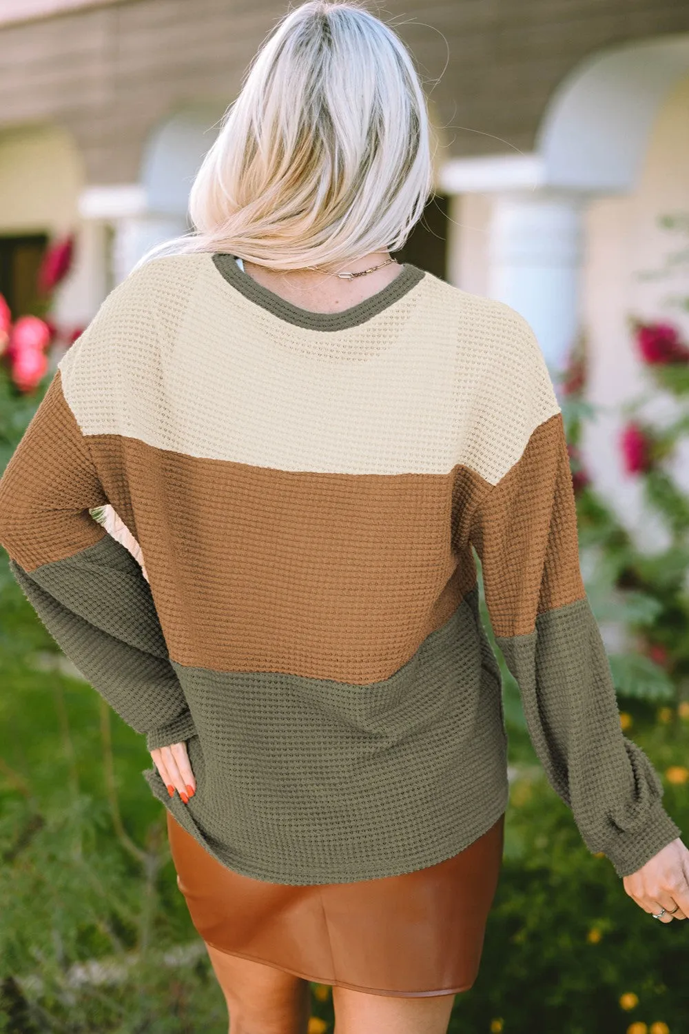 Waffle-Knit Color Block Round Neck Long Sleeve Blouse sold by Charming Charlie product image thumbnail 4
