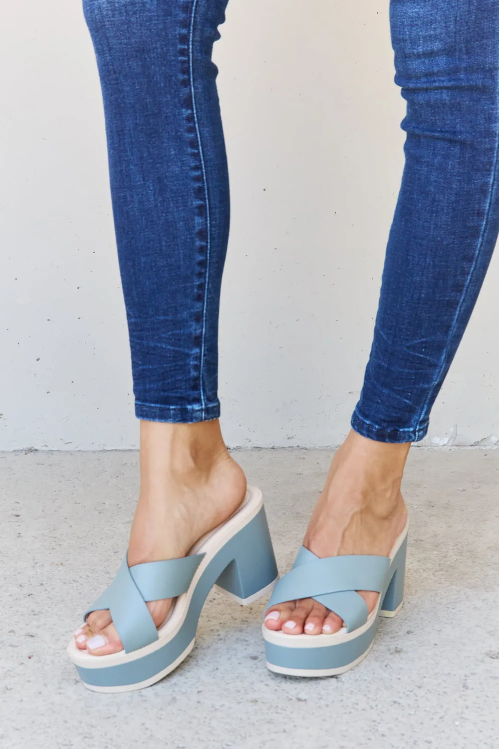 Weeboo Cherish The Moments Contrast Platform Sandals in Misty Blue sold by Charming Charlie