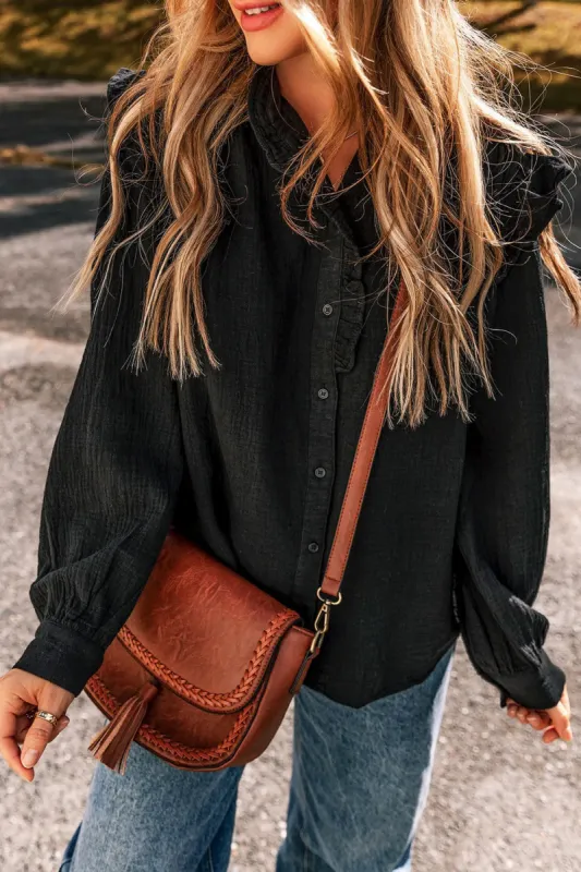 Ruffled Button Up Long Sleeve Shirt sold by Charming Charlie