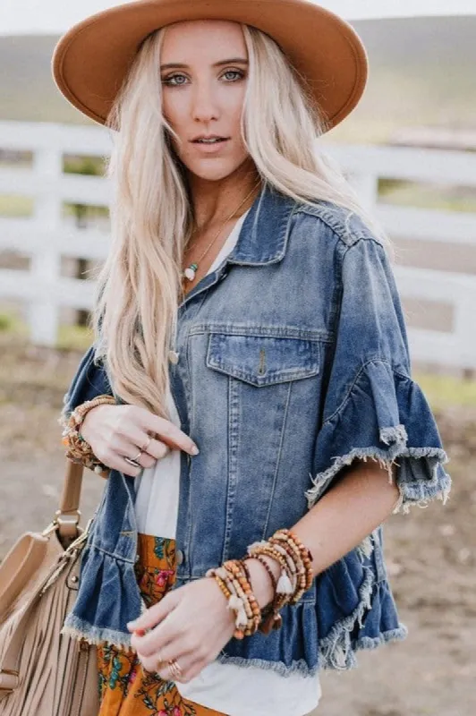 Women Raw Edge Ruffled Short Sleeve Denim Jacket sold by Charming Charlie