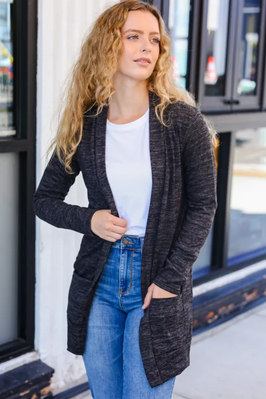 Lovely In Charcoal Two Tone Hacci Open Cardigan sold by Charming Charlie