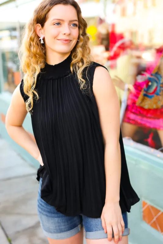 Sweet New Days Black Smocked Neck Pleated Sleeveless Top sold by Charming Charlie