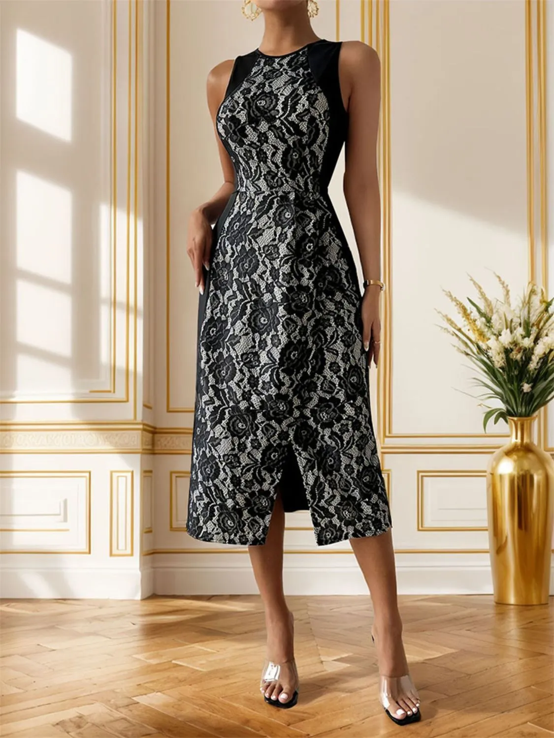 Slit Rose Round Neck Sleeveless Midi Dress sold by Charming Charlie