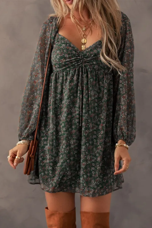 Ruched Printed Long Sleeve Mini Dress sold by Charming Charlie