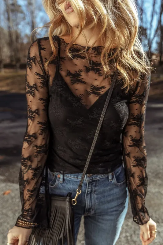 Lace Round Neck Long Sleeve Blouse sold by Charming Charlie