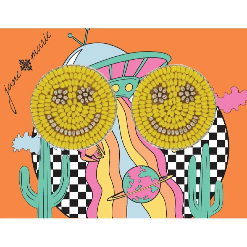 Yellow and Gold Beaded Happy Face Circle Earrings, 1.15" Top to Bottom sold by Charming Charlie