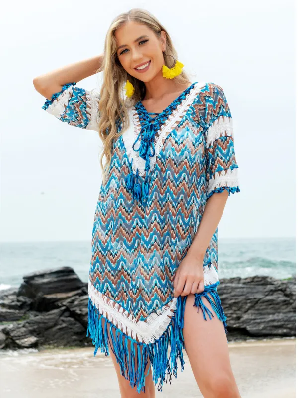 Fringe V-Neck Half Sleeve Cover-Up sold by Charming Charlie
