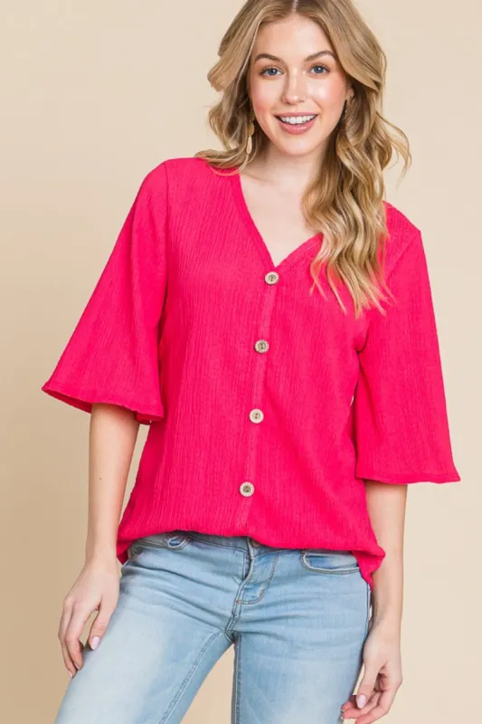 BOMBOM Texture Decorative Button V-Neck Top sold by Charming Charlie