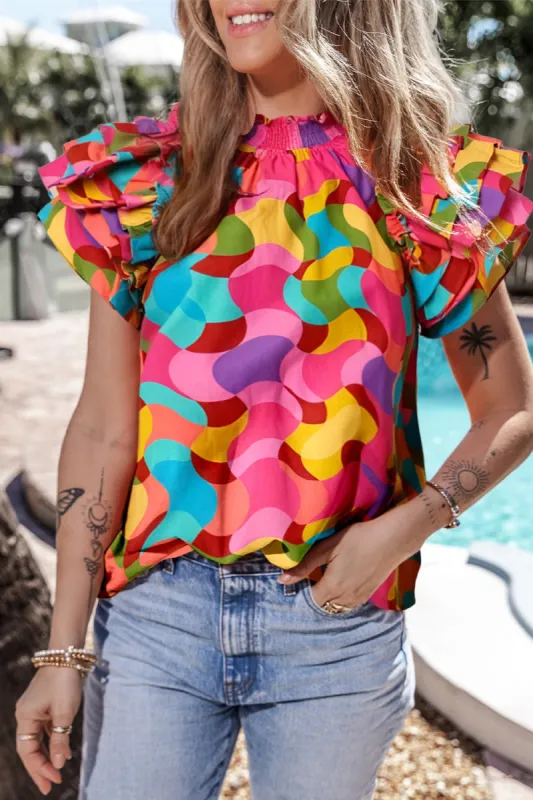 Ruffled Printed Mock Neck Cap Sleeve Blouse sold by Charming Charlie