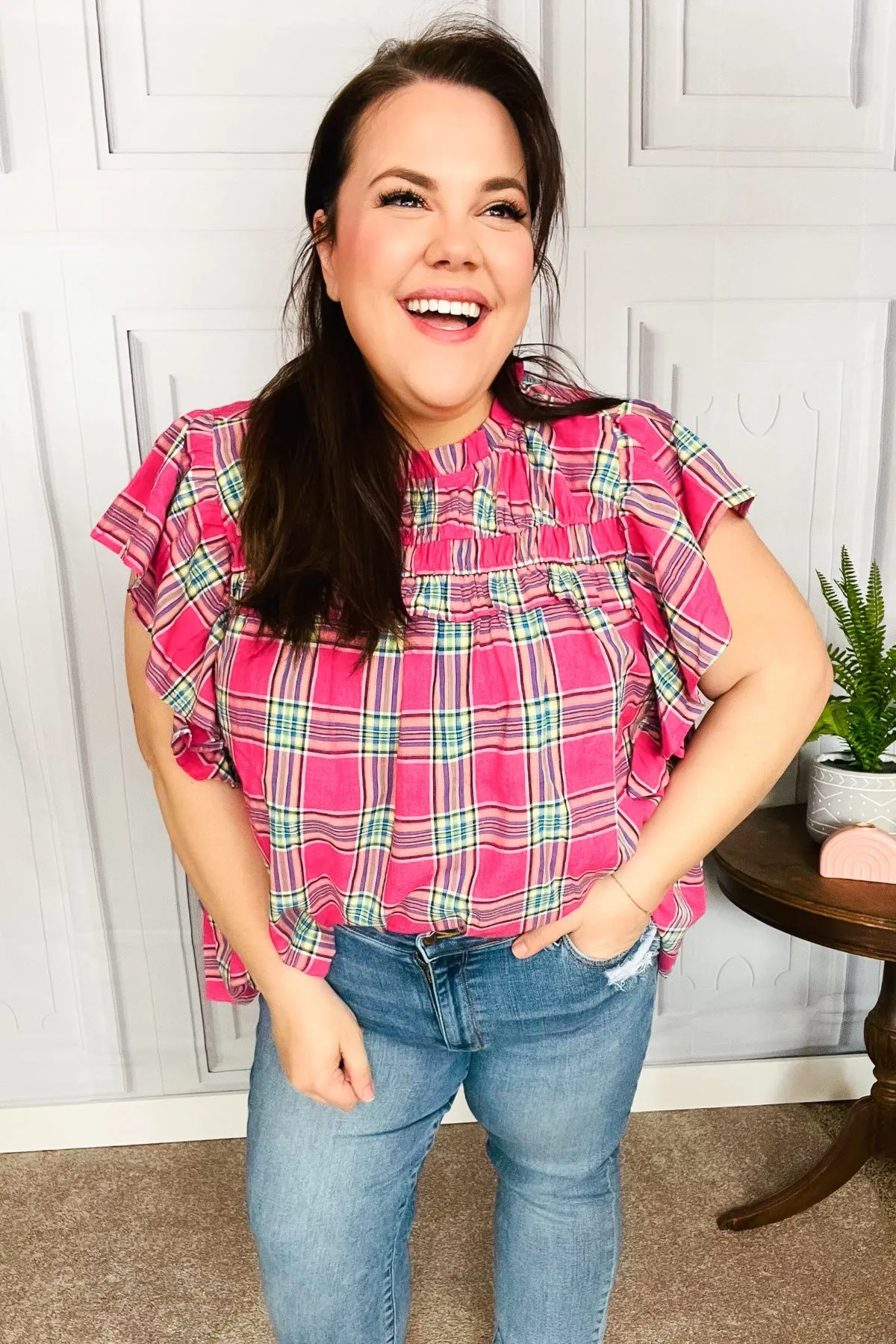 Live For Today Fuchsia Plaid Shirred Yoke Flutter Sleeve Top sold by Charming Charlie