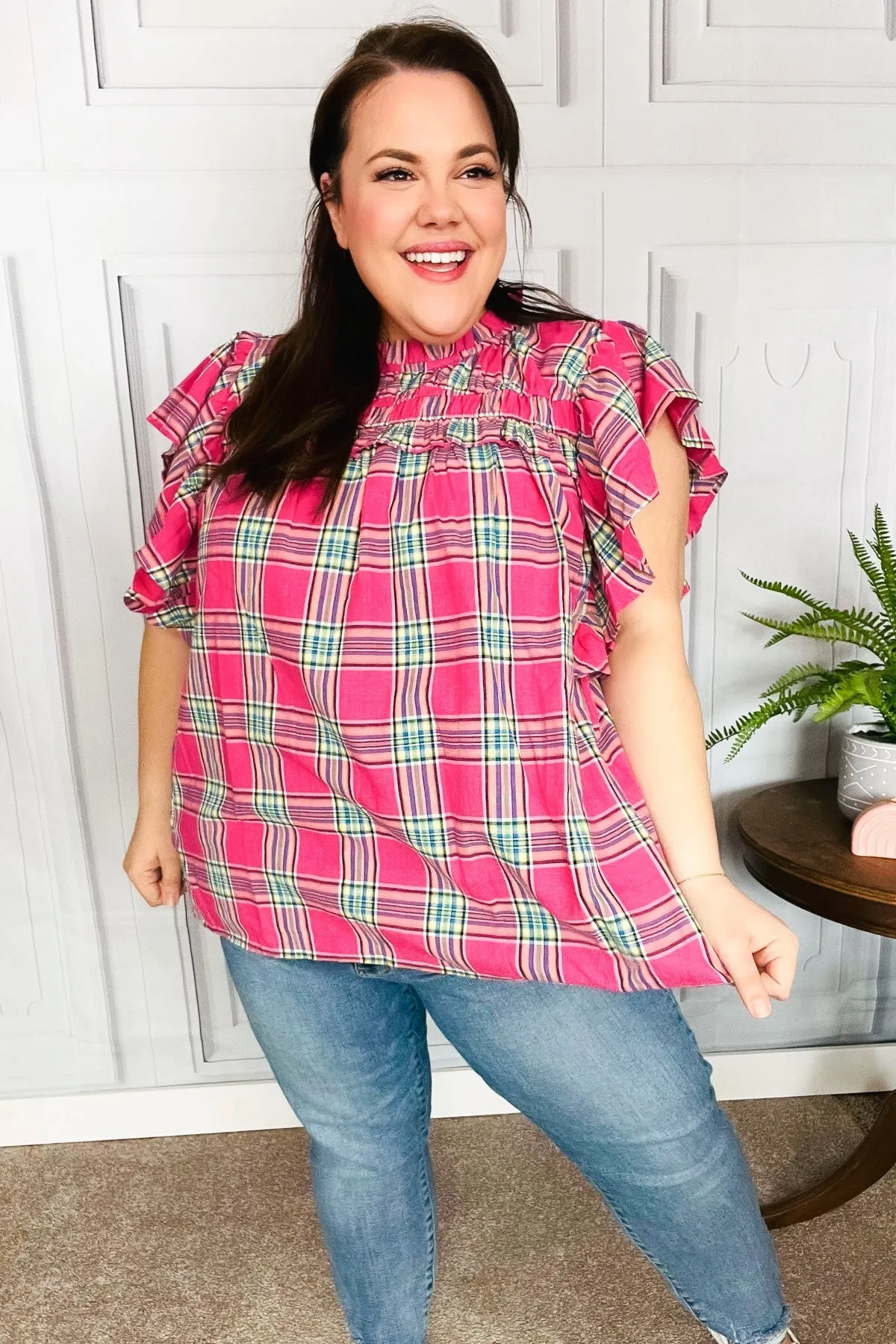 Live For Today Fuchsia Plaid Shirred Yoke Flutter Sleeve Top sold by Charming Charlie product image thumbnail 5