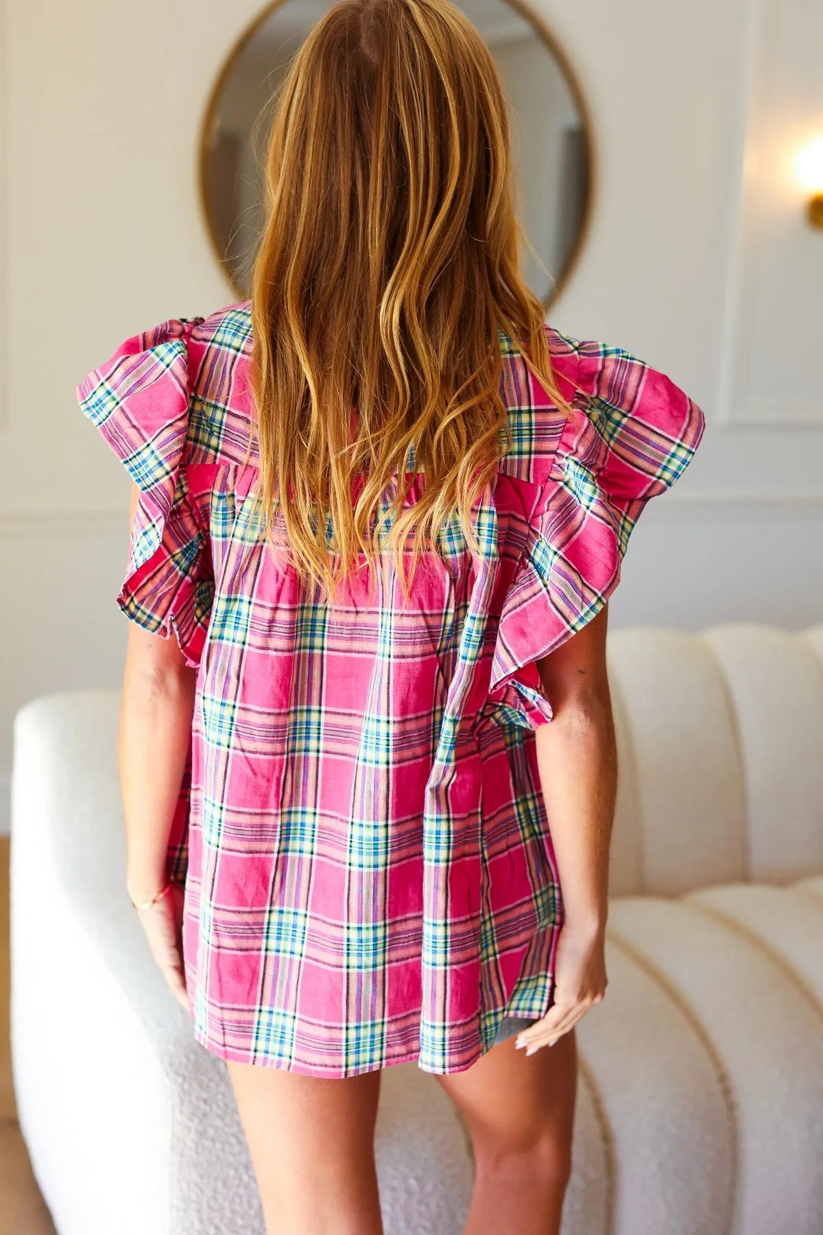 Live For Today Fuchsia Plaid Shirred Yoke Flutter Sleeve Top sold by Charming Charlie product image thumbnail 3
