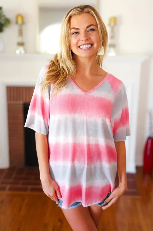 Pink & Grey Tie Dye Stripe Terry V Neck Top sold by Charming Charlie