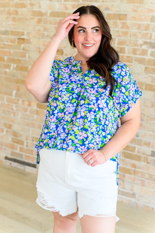 Lizzy Cap Sleeve Top in Royal and Pink Wildflower sold by Charming Charlie