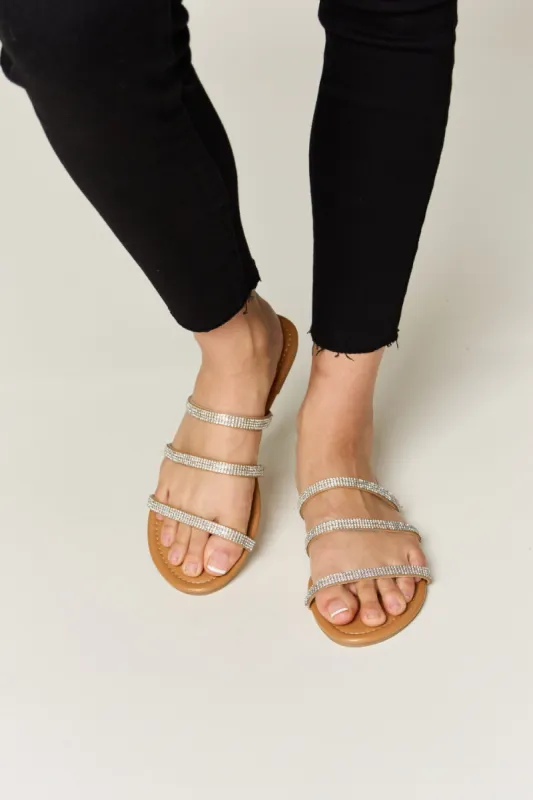 WILD DIVA Rhinestone Three-Strap Flat Sandals sold by Charming Charlie