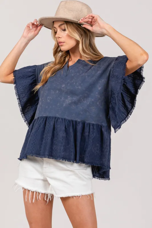 SAGE + FIG Ruffle Sleeve Washed Short Sleeve Blouse sold by Charming Charlie