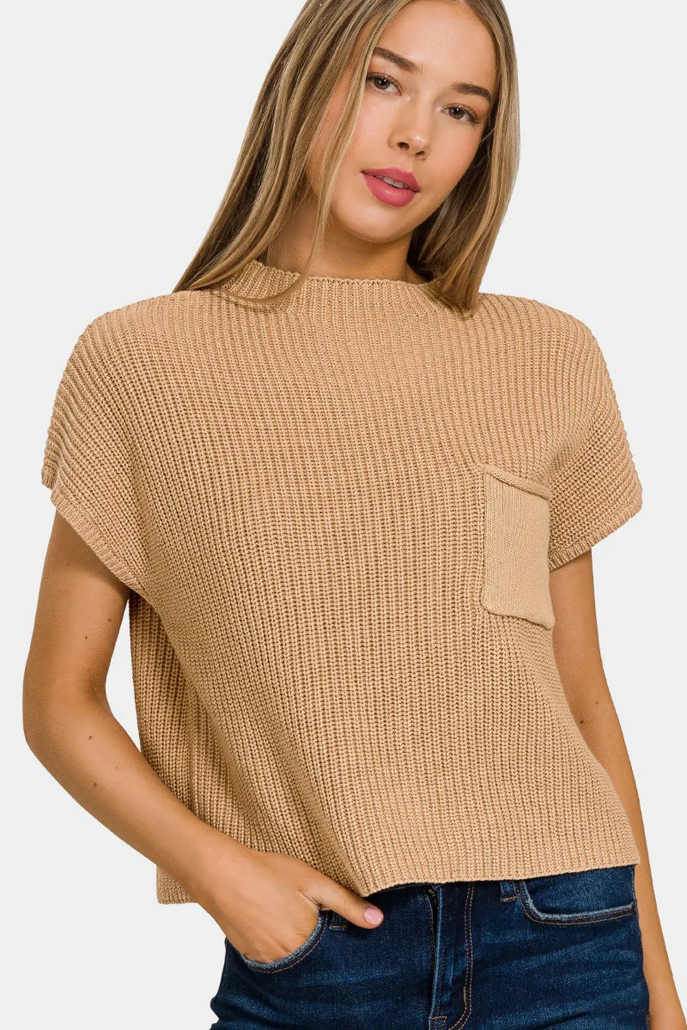 Zenana Mock Neck Short Sleeve Cropped Sweater sold by Charming Charlie